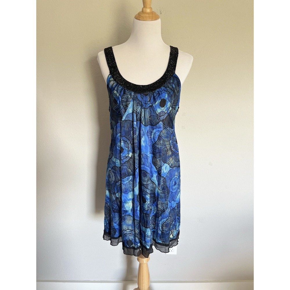 Y2K Beaded Silk Mini Dress Size L Blue Abstract Floral HoCo Sexy Party Gala VTG